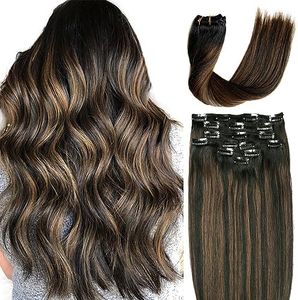 (46cm , 1B-T6) - Hair Extensions Clip in/on Human Hair Extensions Clip in 7 Pieces 120g Per Set Black With Chestnut Brown Highlight Dip Dyed Ombre Balayage For Full Head Straight Soft Thick Extensions Clip ins