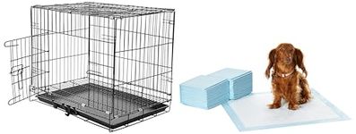 amazon basics Foldable Metal Wire Dog Cage/Crate/Carrier with Tray, Single Door, 24 Inch & Pet Training and Puppy Pads with Leak-Proof Quick-Dry Design, Regular - 50 Piece - Black