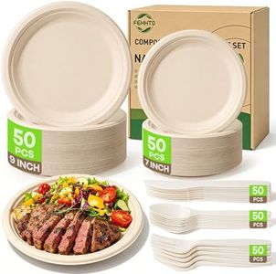 FEHHTO Compostable Paper Plates Set, 250PCS Disposable Heavy-Duty Sugarcane Plate and Eco-Friendly Utensil Biodegradable Dinnerware Plates, Extra Long Forks & Knives & Spoons for Party
