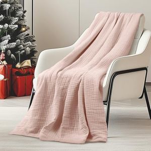 DELIGHT HOME Cotton Muslin Throw Blanket, Breathable and Lightweight Jacquard Muslin Blankets, Ultra Soft Gauze Blanket for Adults, All Season Throw Blankets for Couch Bed Sofa, Pink, 50x60 Inches