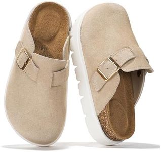 Project Cloud Chunky Kids Clogs – 100% Genuine Leather Clogs for Kids with Cork Footbed & Arch Support – Non-Slip Mules & Sandals for Girls Footwear (LilBentonChunky, BEIGESUEDE,11)