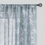 FMFUNCTEX Blue Sheer Curtains for Living Room White Floral Print Curtains 96 Inches Long for Bedroom Plum Blossom Flax Linen Blend Drapes Semi Sheer Rod Pocket Window Curtains 2 Panels Blue