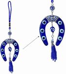 LUCKBOOSTIUM Evil Eye Horseshoe Hanging Ornament - Blue Evil Eye Charm & Horseshoe w/Crystal, Car Decor Rear View Mirror, Home Wall Ornaments, Keychain, Decorative Accessories for Luck & Protection