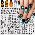 Halloween Stamping Plates for Nails，Halloween Ghost Skull Witch Bat Nail Stamper Kit Fall Terror Pumpkin Corpse Design Gel Polish Nail Stamper Template Nail Supplies(6Pcs)