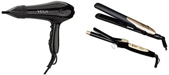 Vega Pro Touch 1800-2000 Watts Professional Hair Dryer With 2 Detachable Nozzles (Vhdp-02) Miss Dazzle Styling Set, Hair Straightener With Ceramic Coated Plates & 19 Mm Barrel Hair Curler, Black