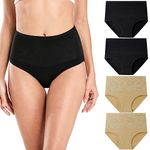 wirarpa Women's Cotton Knickers High Waisted Underwear Ladies Full Back Coverage Briefs Jacquard Panties 4 Pack Black Beige M