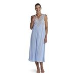 Miss Elaine Nightgown - Women's Silk Essence Long Gown, Lace V-Neck, Sleeveless, Sleepwear, Bluebell, X-Large