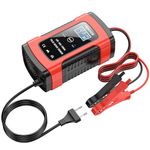 Sounce Fully Automatic 12V 5A Battery Charger & Maintainer Smart Car Battery Charger with Pulse Repair & Intelligent Digital Display EU Plug Compatible with Car, Motorcycle, Lawn Mower & More – Red