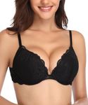 Deyllo Women's Push Up Lace Bra Sexy Deep V Lift Up Bra Underwire Padded Comfort Everyday Bra(Black,36C)