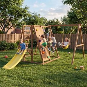 Avenlur Sycamore Outdoor Wooden Swing Set & Climbing Jungle Gym (Large) | Backyard playset with rock climbing wall, slide, belt and saucer swings, climbing ladder, ring web and overhead monkey bars