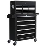 HOMCOM 14 Drawer Rolling Tool Chest, Lockable Tool Storage Cabinet with Detachable Top Toolbox, Protective Liner, Pegboard and Side Rack for Warehouse Garage Workshop, Black