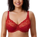 Delimira Women's Beauty Lace Non Padded Minimiser Full Figure Underwire Bra Dark Red 34H