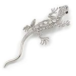 Avalaya Crystal Lizard with Green Eyes Brooch (Silver Tone Metal)