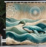 Ambesonne Nautical Shower Curtain, Dreamy Waves with Whale and Sea Turtle on Bohemian Mandala Marine Ornaments, Cloth Fabric Bathroom Decor Set with Hooks, 69" W x 70" L, Teal Ecru Blue