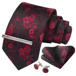 CWKOON Floral Black Red Mens Tie Formal Necktie Pocket Squares Ties Clips Cufflinks Classic for Men Gift Box Set