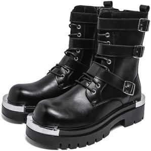 HSGMXGIXS Men's Leather Platform Lace-up Combat Boots Round Toe Side Zip Chunky Heel Non-Slip Lug Sole High Top Motorcycle Boots (Black A,11)
