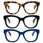 MMOWW Oversized Reading Glasses 3 Pack for Women Blue Light Blocking with Spring Hinge Computer Readers Ladies (Black + Blue + Brown Tortoiseshell, 1.5)