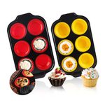 Vicalo Muffin Trays, 2 Pieces Mini Silicone Carbon Steel Muffin Cake Tin, Holds 12 Muffins, Non-Stick Coating Baking Pan with High Temperature Resistance,Cupcakes Brownies (Red and Yellow)