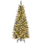 COSTWAY 5 FT/6 FT Pre-Lit Slim Pencil Christmas Tree, Snowy Artificial Xmas Tree with 408/618 Branch Tips and LED Lights, Indoor Festive Decoration Tree (Green+White+Red+Brown, 150 cm)