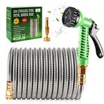 Yereen 304 Stainless Steel Metal Garden Hose 100FT, Garden Hose with 3/4" Fittings and 2 Function Nozzle, Kink Free Flexible Outdoor Water Hose