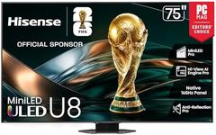 Hisense 75" U8 Series ULED Mini-LED 4K UHD Smart Google TV (75U8QG) - QLED, Native 165Hz, VRR 288, Up to LD5600, 5000 Nits, HDR10+, Dolby Vision IQ · Atmos, IMAX Enhanced, 4.1.2 Ch Audio