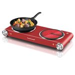 Techwood 1800W Electric Hot Plate, Countertop Stove Double Burner for Cooking, Infrared Ceramic Hot Plates Double Cooktop, Red, Brushed Stainless Steel Easy To Clean Upgraded Version