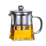 Glass Teapot with Stainless Steel Infuser & Lid, Borosilicate Glass Tea Kettle Stovetop Safe, Blooming & Loose Leaf Teapot,Glass Square Pot (750ML/26oz)