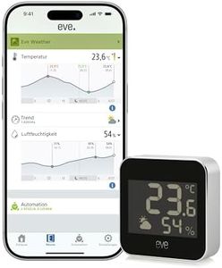 Eve Weather (Matter) – Smarte Wetterstation, Temperatur, Luftfeuchtigkeit, Wettertrend, IPX4-Wasserbeständigkeit, kabellos, Google/Alexa/Siri-Sprachzugriff, Thread Border Router erforderlich, Schwarz