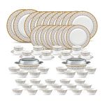La Opala, Sovrana Collection, Opal Glass Traditional Dinner Set 62 Pcs, Moroccan Gold, White