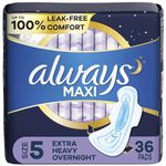 Always, Maxi Pads For Women, Size 5, Extra Heavy Overnight Absorbency With Wings, 36 Count