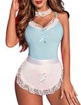 Avidlove Women Sexy Maid Costume Sexy One Piece Lingerie with Apron and Choker for Halloween Light Blue S