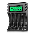 POWEROWL 4-slot AA AAA Battery Charger with LCD Display (USB Quick Charging, Independent Slot) for Ni-MH Ni-CD Rechargeable Batteries (Black)