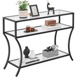 Yaheetech 42 Inch Console Table, Narrow Sofa Side Table with 3 Tiers Storage Shelves for Living Room, Tempered Glass Entryway Table with Metal Frame for Bedroom Hallway Foyer, Black