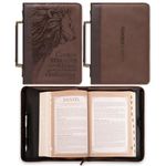 Christian Art Gifts Men's Classic Bible Cover The Lord is My Strength Lion Exodus 15:2, Brown Faux Leather, XL