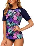 AOBUTE Women Rash Guard UPF 50+ Sun Protection Tropical Floral Printed Swim Shirts, Navy Leaves, XX-Large