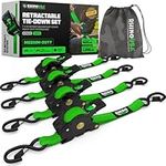 Rhino USA Retractable Ratchet Tie Down Straps (4PK) - 540kg Guaranteed Max Break Strength, Includes (4) Ultimate 2.5 cm x 3 m Autoretract Tie Downs with Padded Handles - Green