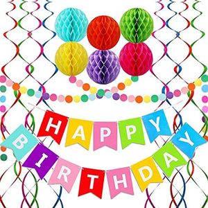 Happy Birthday Banner, Rainbow Birthday Banner, 6 Honeycomb Balls, 8 Metallic Hanging Swirls and Circle Parper Garland, Happy Birthday Decorations