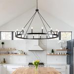 47" Large Black Wagon Wheel Chandelier 16 Lights Modern Farmhouse Chandelier Dining Room Chandelier Pendant Light Fixtures Hanging Ceiling Round Chandeliers for Living Room Kitchen Foyer Staircase