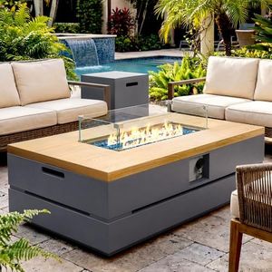 UPHA 50-inch Outdoor Patio Propane Gas Fire Pit Table 50000 BTU Concrete Round Firepit with ABS Tank Hidden Table, Wind Guard, Blue Glass Rocks, Rain Cover, Dark Grey Natural Wood Finish