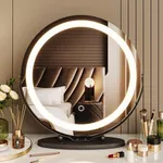 19 Inch Large Vanity Mirror with Lights, Round Led Mirror Makeup Mirror, Lighted Up Makeup Mirror with Lights for Bedroom Tabletop, 360° Rotation, Smart Touch Control 3 Colors Dimmable (Black)