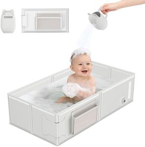 Baby Bathtub, Portable Bathtub with Cat-Patterned Bath Rinse Cup,Foldable Bath Tub for Small Bathroom,Toddler Tub for 6M-5Y,Baby Travel Essentials for Hotel,Camping & Beach