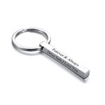 Sajal Personalized Key Chain With Four Side Engrave On 3D Vertical Stainless Steel Bar, Silver