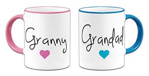 Pair of Granny & Grandad Lovely (Heart) Novelty Gift Mugs - Pink & Blue Handle/Rim