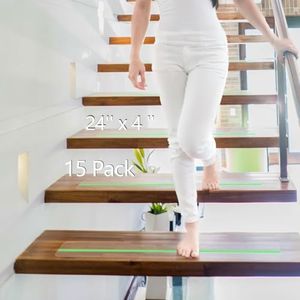 Q-Hillstar 15 Pcs Clear Non Slip Stair Treads with Glow in the Dark Strip, Waterproof High Traction Friction Grip Tape Adhesive Non Skid Strip for Steps Stairscase& Deck, Improve Indoor&Outdoor Safety