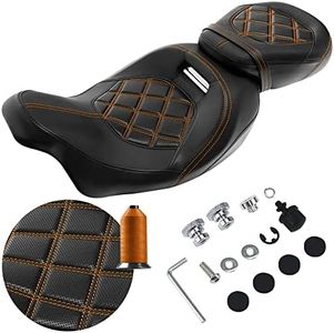 FOVPLUE Two-up Seat, Low-Profile Driver Passenger Pillion Seat for Harley Touring CVO Road Glide Road King Street Glide Electra Glide Ultra Limited FLHTKSE FLHTCUSE5 2009-2024, Double Orange Stitching