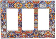 Mexican Talavera Ceramic Tile Printing Pattern Triple Rocker/Decora Wall Plates for Light Switches 3 Gang Wall Plate GFCI Electrical Outlet Cover for Bathroom Kitchen Home Decor