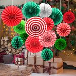 Paper Christmas Decorations, Christmas Tissue Paper Hanging Paper Fans Honeycomb Balls Pom Poms Flower Christmas Ceiling Decorations Hanging Decoration for Xmas Winter Home Ceiling Wall Decor