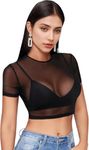 Mesh Crop Top Sexy Sheer T-Shirt for Women, Black (Medium)