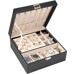 Voova Jewellery Box Organiser for Men Women Girls, Large Watch Storage Case, 2 Layer PU Leather Jewelry Display Holder with Removable Tray for Watches Sunglasses Rings Earrings Necklace, Black