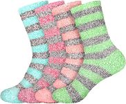 BambooMN Women's Extra Large Soft Fuzzy Warm Cozy Comfy Fuzzy Plush Cute Striped Slipper Socks - Assortment C - 4 Pairs